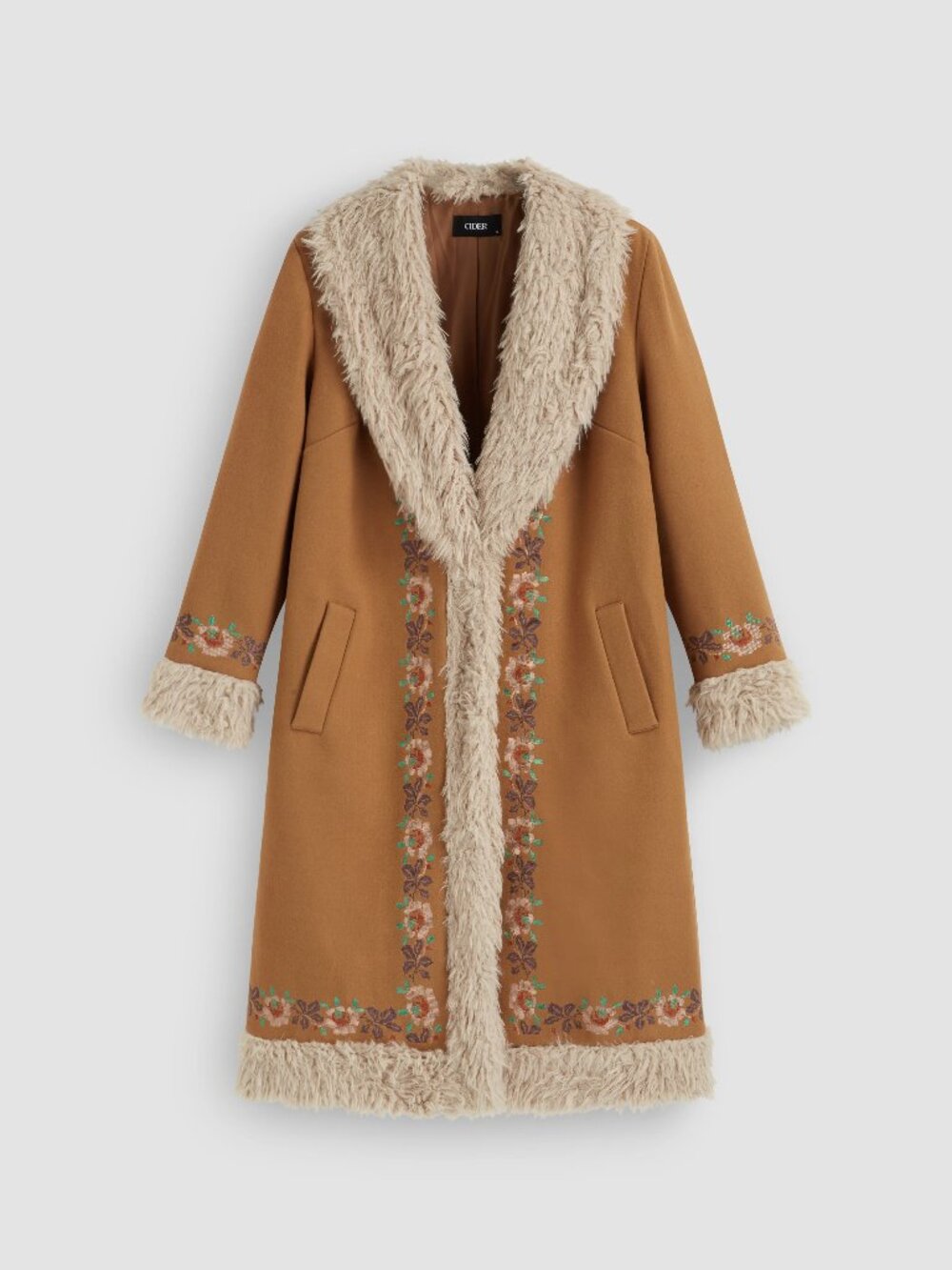 Cider 70s inspired shearling jacket, light brown with floral details